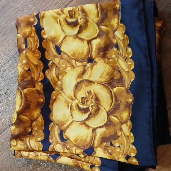 Authentic Chanel Camelia Black Golden Silk Scarf W/box - Picture 9 of 12